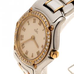 Pre Owned Ebel Cream Yellow Gold & Stainless Steel Diamonds 1911 Women's Wristwatch 24 mm