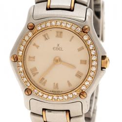 Pre Owned Ebel Cream Yellow Gold & Stainless Steel Diamonds 1911 Women's Wristwatch 24 mm