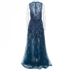 Elie Saab Teal Blue Sequinned Tulle Sleeveless Dress M