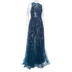 Elie Saab Teal Blue Sequinned Tulle Sleeveless Dress M