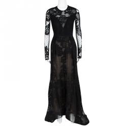 Pre Owned Elie Saab Black Floral Lace Long Sleeve Gown S
