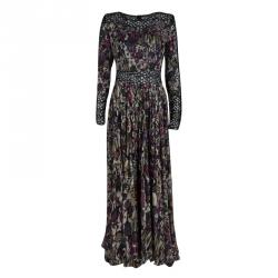 Pre Owned Elie Saab Floral Printed Silk Lace Insert Long Sleeve Maxi Dress M