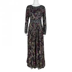 Pre Owned Elie Saab Floral Printed Silk Lace Insert Long Sleeve Maxi Dress M