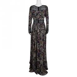 Pre Owned Elie Saab Floral Printed Silk Lace Insert Long Sleeve Maxi Dress M