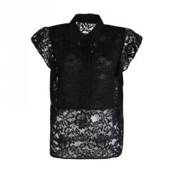Elie Saab Black Floral Lace Ruffled Sleeve Detail Shirt M