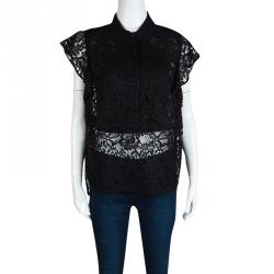 Elie Saab Black Floral Lace Ruffled Sleeve Detail Shirt M
