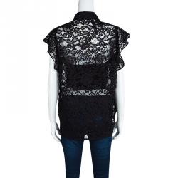 Elie Saab Black Floral Lace Ruffled Sleeve Detail Shirt M