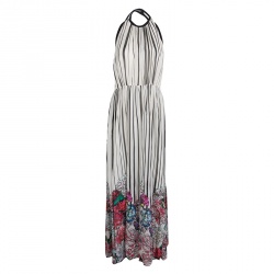 Monochrome Striped Silk Floral Print Halter Maxi Dress