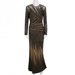 Pre Owned Elie Saab Dark Green Embellished Tulle Long Sleeve Gown S