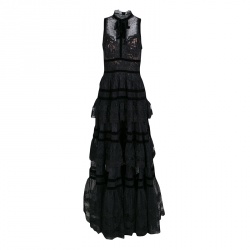 مملوكة مسبقًا Elie Saab Black Velvet Trim Tiered Floral Lace Gown M
