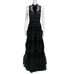 مملوكة مسبقًا Elie Saab Black Velvet Trim Tiered Floral Lace Gown M