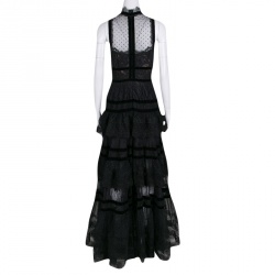 مملوكة مسبقًا Elie Saab Black Velvet Trim Tiered Floral Lace Gown M