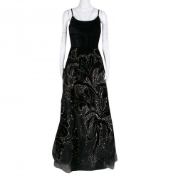 Pre Owned Elie Saab Black Velvet and Tulle Sequin Embellished Evening Gown S