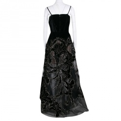 Pre Owned Elie Saab Black Velvet and Tulle Sequin Embellished Evening Gown S