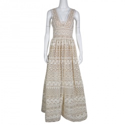 Pre Owned Elie Saab Ivory and Beige Embroidered Guipure Lace Plunge Neck Sleeveless Gown S