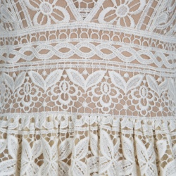 Pre Owned Elie Saab Ivory and Beige Embroidered Guipure Lace Plunge Neck Sleeveless Gown S