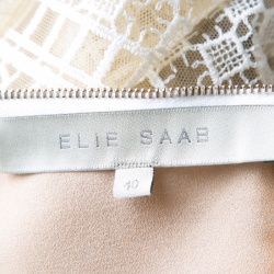 Pre Owned Elie Saab Ivory and Beige Embroidered Guipure Lace Plunge Neck Sleeveless Gown S