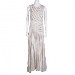 Elie Saab Ivory Palm Leaf Pattern Embellished Sleeveless Tulle Gown S