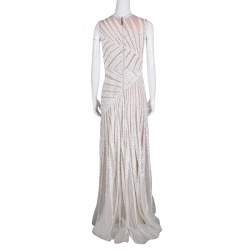 Elie Saab Ivory Palm Leaf Pattern Embellished Sleeveless Tulle Gown S
