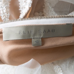 Elie Saab Ivory Palm Leaf Pattern Embellished Sleeveless Tulle Gown S