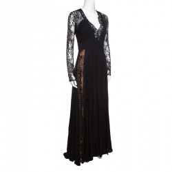 Pre Owned Elie Saab Black Lace Paneled Plunge Neck Long Sleeve Gown M
