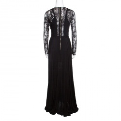 Pre Owned Elie Saab Black Lace Paneled Plunge Neck Long Sleeve Gown M