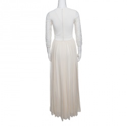 Pre Owned Elie Saab Cream Floral Embroidered Lace Silk Chiffon Gown S