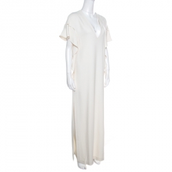 Pre Owned Elie Saab Off White Ladder Lace Ruffled Sleeve Slit Detail Dress S