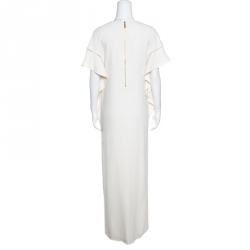 Pre Owned Elie Saab Off White Ladder Lace Ruffled Sleeve Slit Detail Dress S