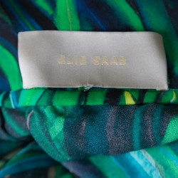 Elie Saab Green Palm Printed Silk Overlap Neckline Detail Cape Style Maxi Dress XS