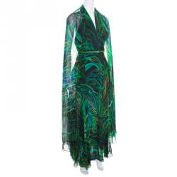 Elie Saab Green Palm Printed Silk Overlap Neckline Detail Cape Style Maxi Dress XS