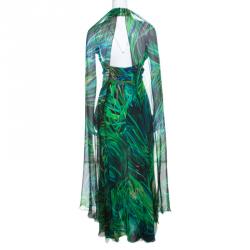 Elie Saab Green Palm Printed Silk Overlap Neckline Detail Cape Style Maxi Dress XS