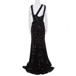 Pre Owned Elie Saab Black Embellished Silk Petal Applique Detail Sleeveless Gown L