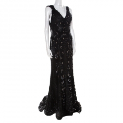 Pre Owned Elie Saab Black Embellished Silk Petal Applique Detail Sleeveless Gown L