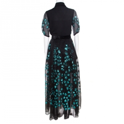 Pre Owned Elie Saab Black and Blue Lurex Heart Patterned Skirt and Blouse Set S