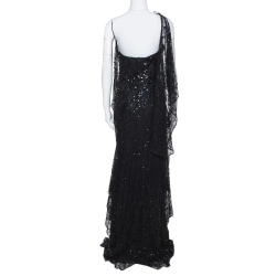 Pre Owned Elie Saab Vintage Black Lace Sequin Embellished Layered Gown S
