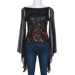 Elie Saab Black Embellished Lace Sheer Sleeve Blouse S