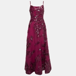 Elie Saab Red Sequin Embellished Tulle Gown S