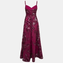 Elie Saab Red Sequin Embellished Tulle Gown S