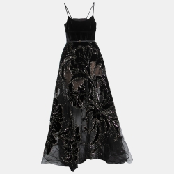 Elie Saab Black Sequin Embellished Velvet and Tulle Strap Gown S