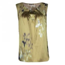Elie Tahari Gold Digital Floral Printed Silk Sleeveless Top L