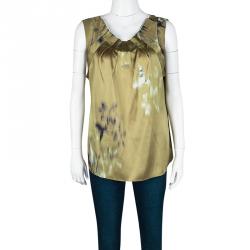 Elie Tahari Gold Digital Floral Printed Silk Sleeveless Top L