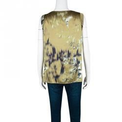 Elie Tahari Gold Digital Floral Printed Silk Sleeveless Top L