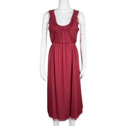 Elie Tahari Red Silk Pleated Tie Detail Sleeveless Dress L
