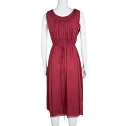 Elie Tahari Red Silk Pleated Tie Detail Sleeveless Dress L
