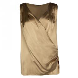 Pre Owned Elie Tahari Golden Brown Silk Satin Draped Plunge Neck Sleeveless Top L