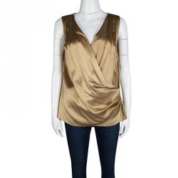 Pre Owned Elie Tahari Golden Brown Silk Satin Draped Plunge Neck Sleeveless Top L
