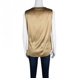 Pre Owned Elie Tahari Golden Brown Silk Satin Draped Plunge Neck Sleeveless Top L