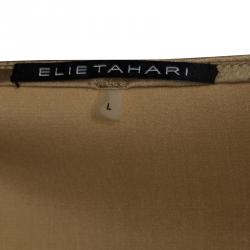 Pre Owned Elie Tahari Golden Brown Silk Satin Draped Plunge Neck Sleeveless Top L