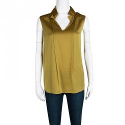 Pre Owned Elie Tahari Mustard Silk Ruffle Detail Sleeveless Top L